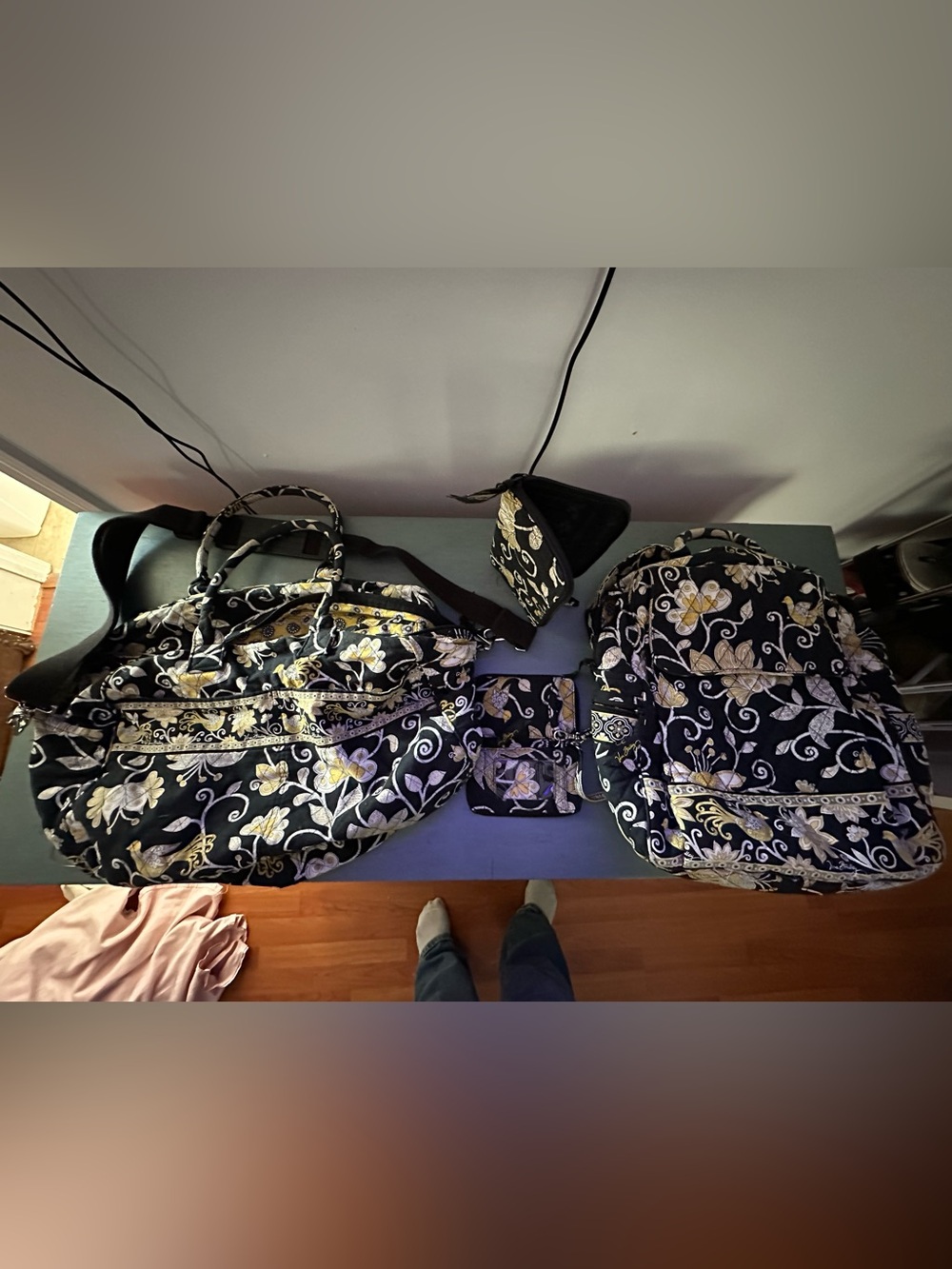 Vera Bradley Black Floral Tote and Backpack Set with Yellow Accents